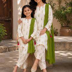 Trending New Đěsigner Mom-Daughter Combo Natural Crep Silk Top Farshi salwar & Dupatta Set