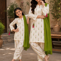 Trending New Đěsigner Mom-Daughter Combo Natural Crep Silk Top Farshi salwar & Dupatta Set