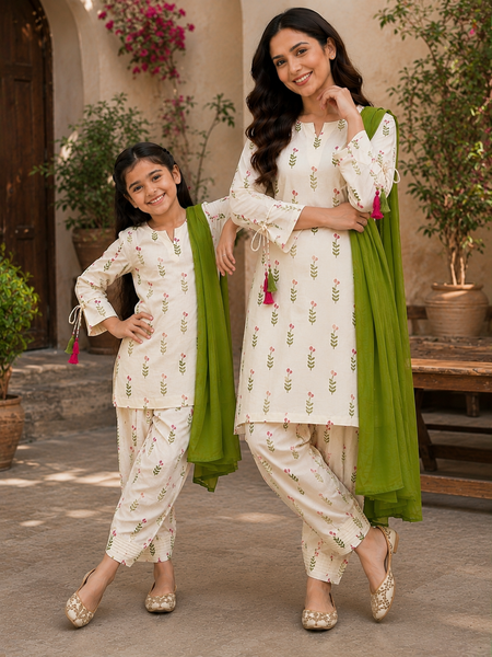 Trending New Đěsigner Mom-Daughter Combo Natural Crep Silk Top Farshi salwar & Dupatta Set