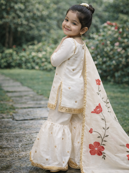 Beautiful Kids Off White Color Top Sharara And Dupatta Set