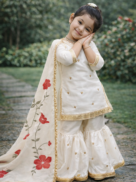 Beautiful Kids Off White Color Top Sharara And Dupatta Set