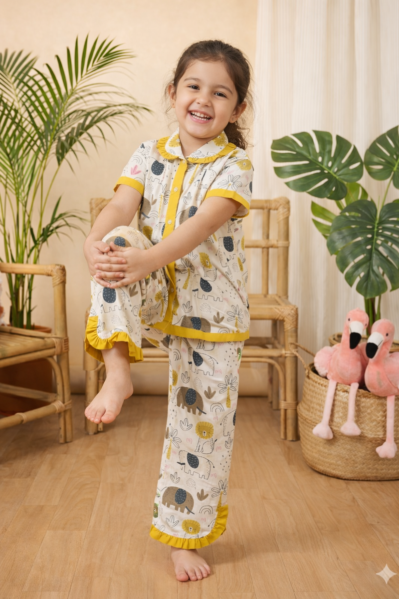 Girls Cotton Night Suit Set | Cute Printed Kids Sleepwear Night Dress
