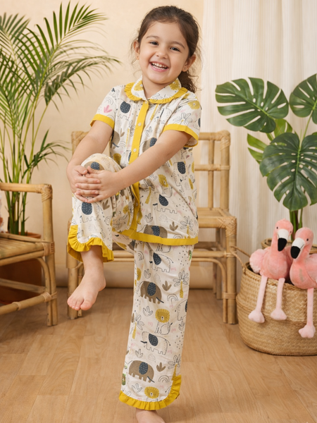 Girls Cotton Night Suit Set | Cute Printed Kids Sleepwear Night Dress