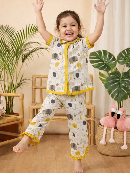Girls Cotton Night Suit Set | Cute Printed Kids Sleepwear Night Dress