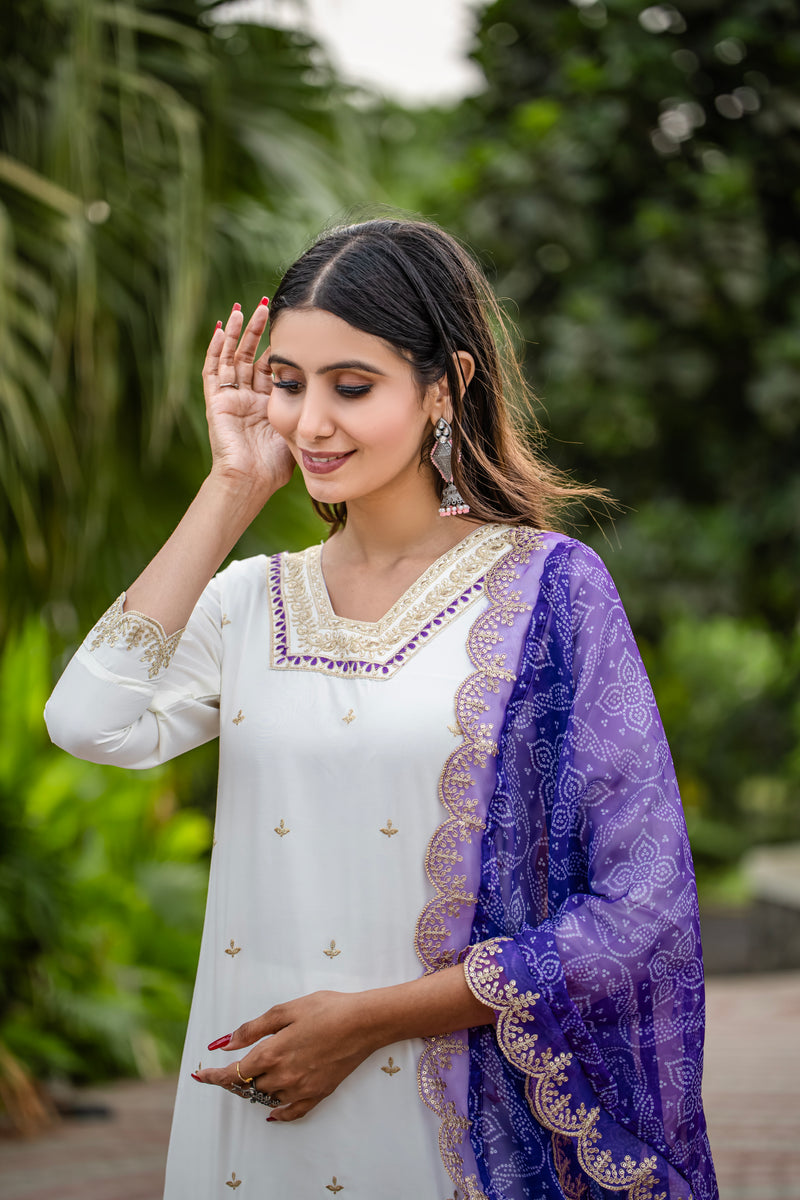 Elegant Silk Kurti Set with Embroidered Kurti, Printed Pants & Dupatta– by QueenVastra
