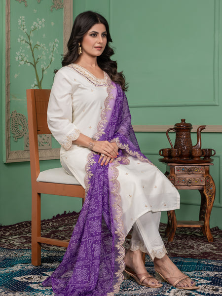 Elegant Silk Kurti Set with Embroidered Kurti, Printed Pants & Dupatta– by QueenVastra