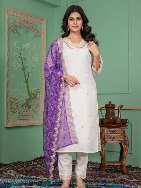 Elegant Silk Kurti Set with Embroidered Kurti, Printed Pants & Dupatta– by QueenVastra