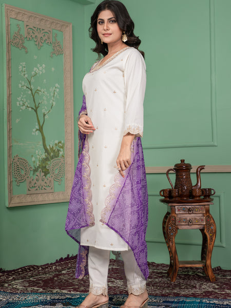 Elegant Silk Kurti Set with Embroidered Kurti, Printed Pants & Dupatta– by QueenVastra
