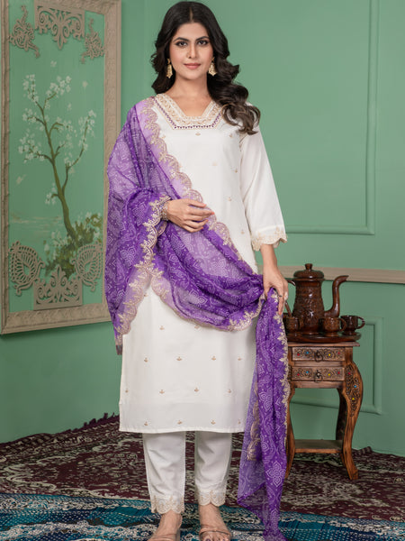 Elegant Silk Kurti Set with Embroidered Kurti, Printed Pants & Dupatta– by QueenVastra
