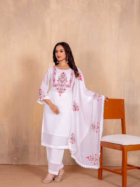 Elegant Faux Georgette Set with Bell Sleeves & Embroidered Dupatta– by QueenVastra