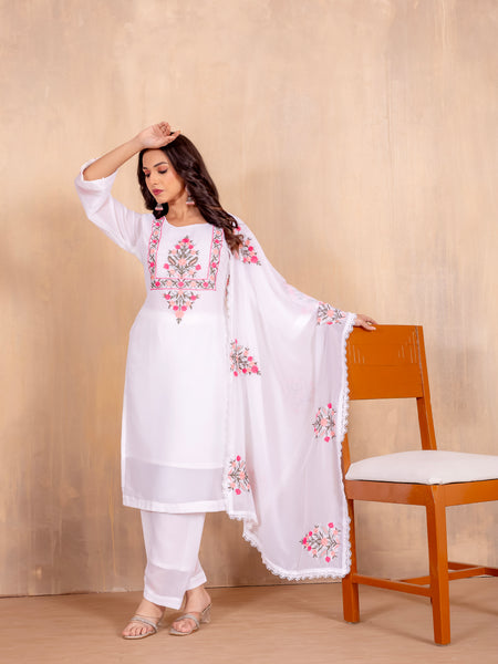 Elegant Faux Georgette Set with Bell Sleeves & Embroidered Dupatta– by QueenVastra