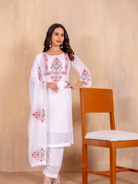 Elegant Faux Georgette Set with Bell Sleeves & Embroidered Dupatta– by QueenVastra