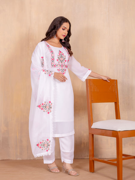Elegant Faux Georgette Set with Bell Sleeves & Embroidered Dupatta– by QueenVastra