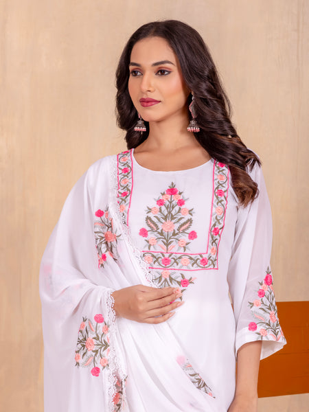 Elegant Faux Georgette Set with Bell Sleeves & Embroidered Dupatta– by QueenVastra