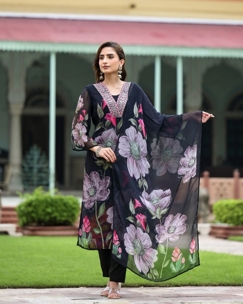 Floral Printed V-Neck Mirror Work Kurta With Trouser And Dupatta