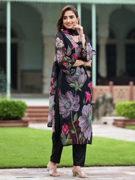 Floral Printed V-Neck Mirror Work Kurta With Trouser And Dupatta