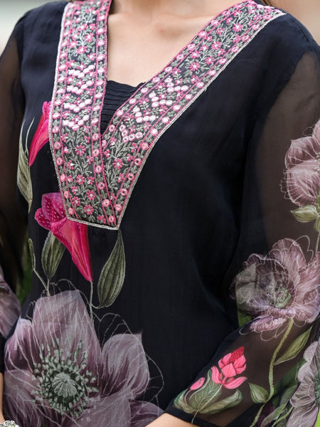 Floral Printed V-Neck Mirror Work Kurta With Trouser And Dupatta