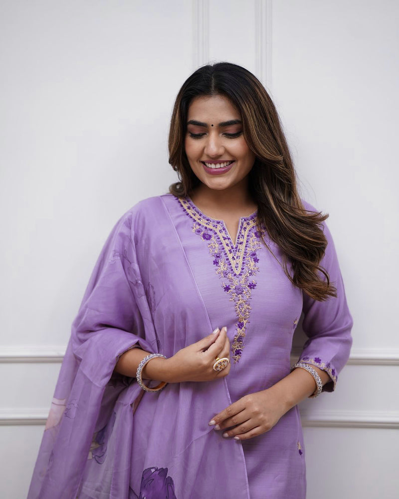 Embroidered Rayon Kurti Set with Printed Chanderi Dupatta– by QueenVastra