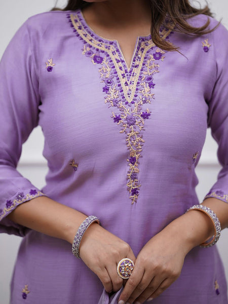 Embroidered Rayon Kurti Set with Printed Chanderi Dupatta– by QueenVastra