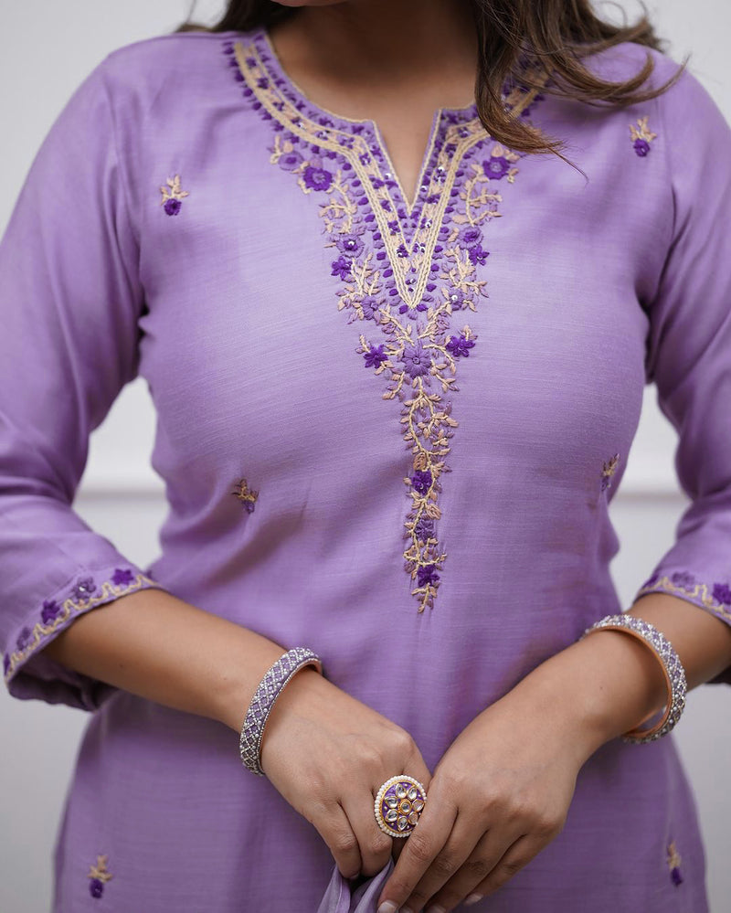 Embroidered Rayon Kurti Set with Printed Chanderi Dupatta– by QueenVastra