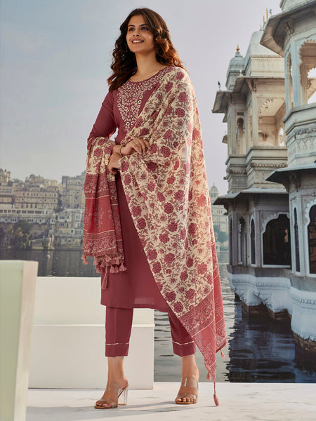 Maroon Silk Kurta Set with Embroidery & Dupatta– by QueenVastra