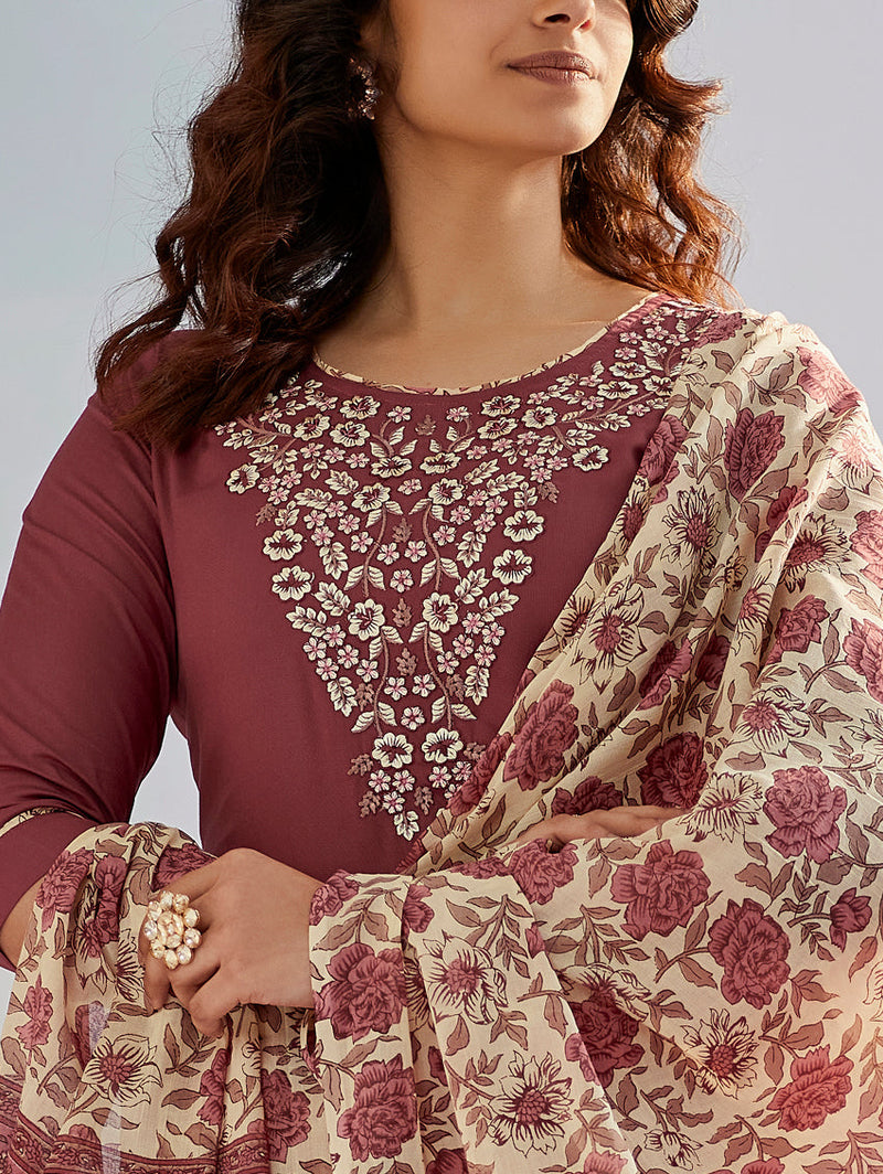 Maroon Silk Kurta Set with Embroidery & Dupatta– by QueenVastra