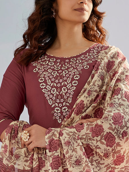 Maroon Silk Kurta Set with Embroidery & Dupatta– by QueenVastra