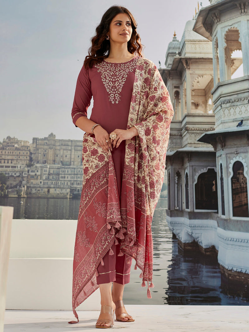 Maroon Silk Kurta Set with Embroidery & Dupatta– by QueenVastra