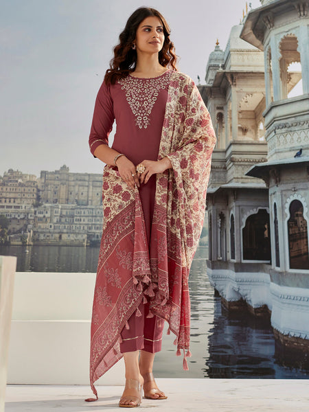 Maroon Silk Kurta Set with Embroidery & Dupatta– by QueenVastra