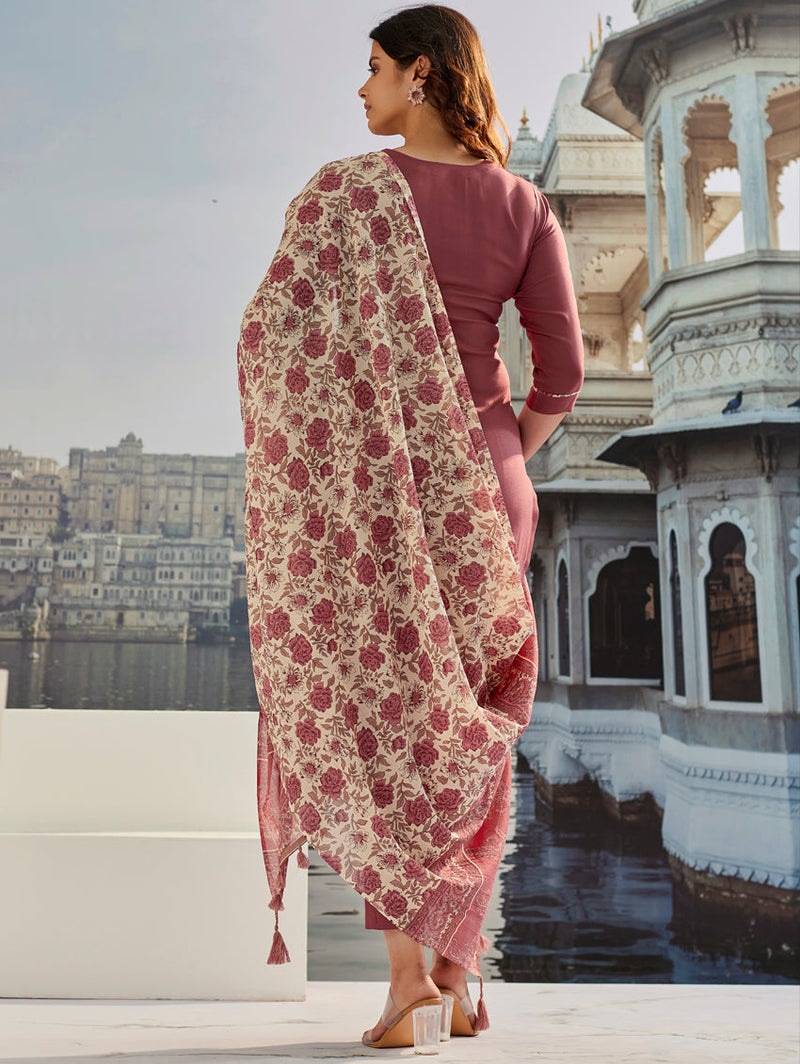 Maroon Silk Kurta Set with Embroidery & Dupatta– by QueenVastra