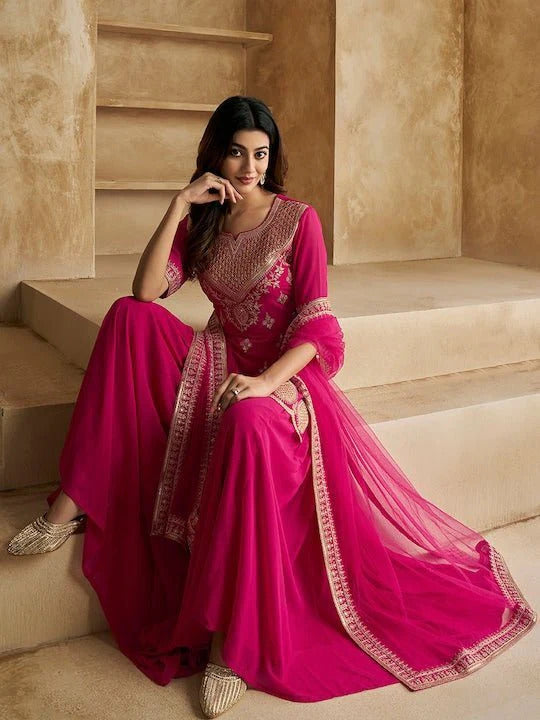 Ethnic Motifs Embroidered Sequinned Scalloped Kurti with Sharara & Dupatta– by QueenVastra