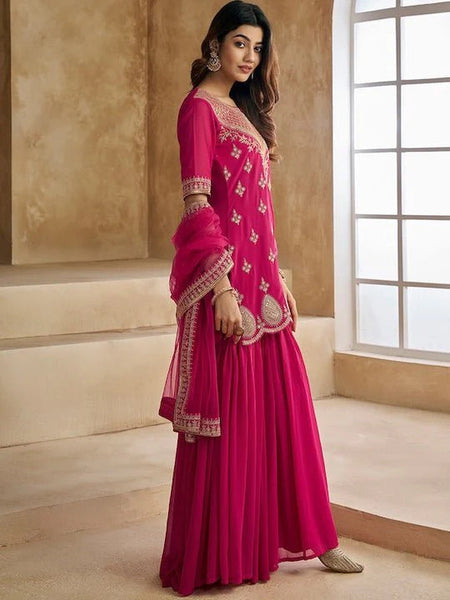 Ethnic Motifs Embroidered Sequinned Scalloped Kurti with Sharara & Dupatta– by QueenVastra