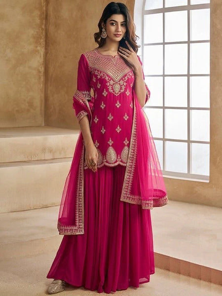 Ethnic Motifs Embroidered Sequinned Scalloped Kurti with Sharara & Dupatta– by QueenVastra
