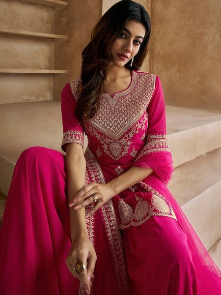 Ethnic Motifs Embroidered Sequinned Scalloped Kurti with Sharara & Dupatta– by QueenVastra