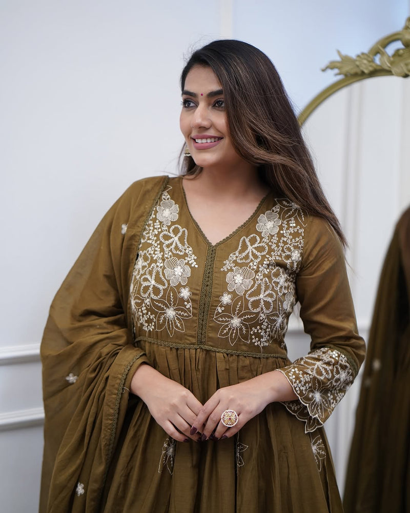 Chic Cotton Silk Embroidered Kurti Set with Chanderi Cotton Dupatta– by QueenVastra