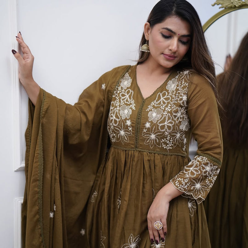 Chic Cotton Silk Embroidered Kurti Set with Chanderi Cotton Dupatta– by QueenVastra