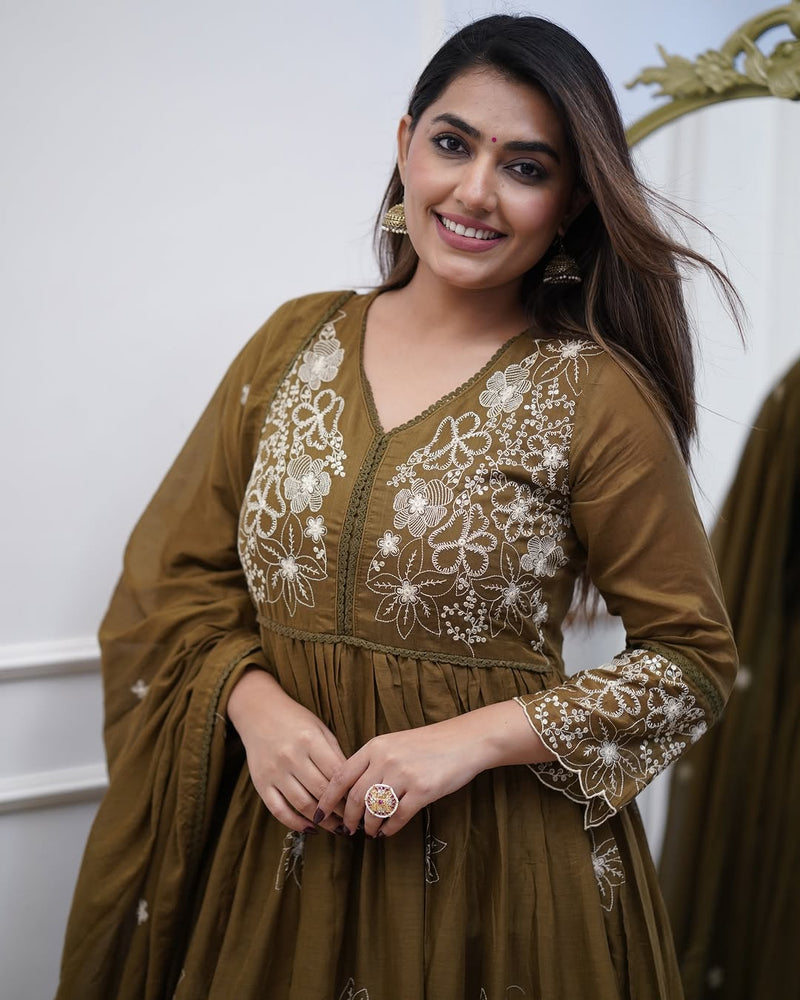 Chic Cotton Silk Embroidered Kurti Set with Chanderi Cotton Dupatta– by QueenVastra