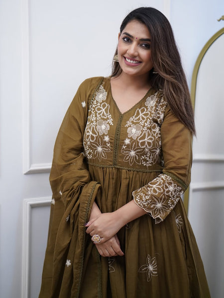 Chic Cotton Silk Embroidered Kurti Set with Chanderi Cotton Dupatta– by QueenVastra