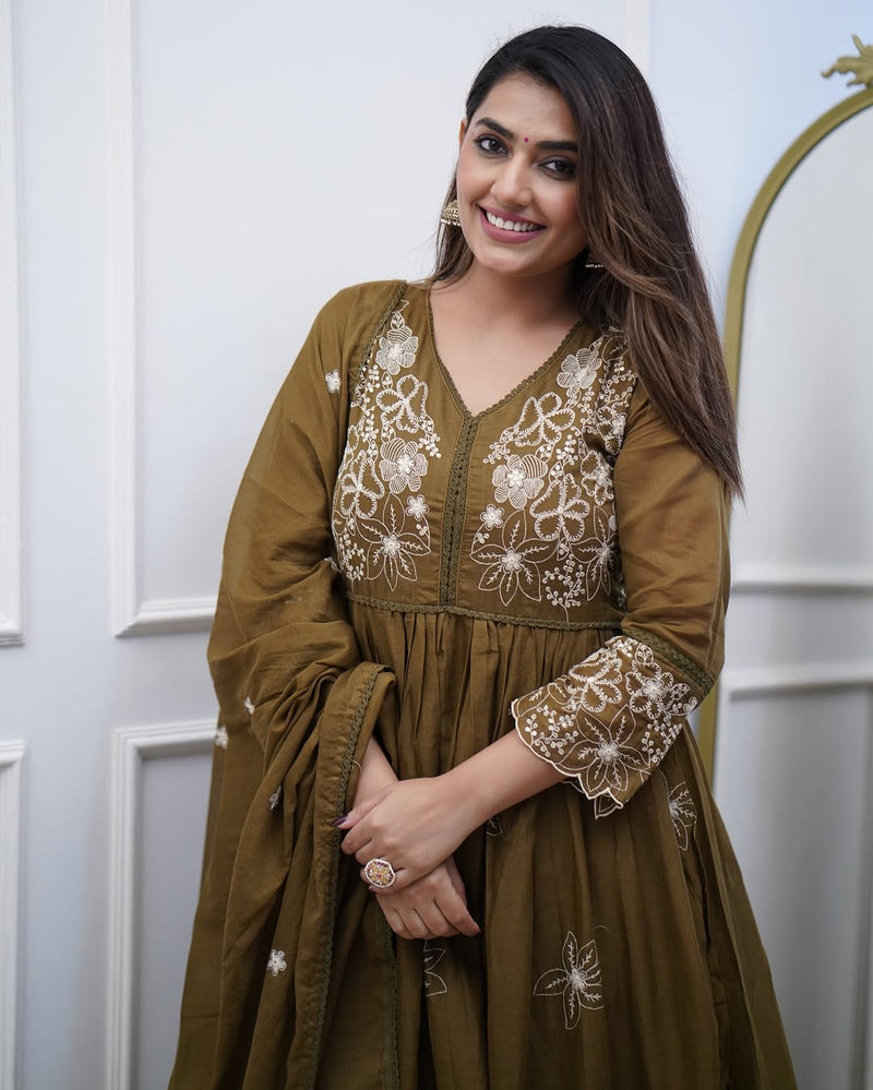 Chic Cotton Silk Embroidered Kurti Set with Chanderi Cotton Dupatta– by QueenVastra