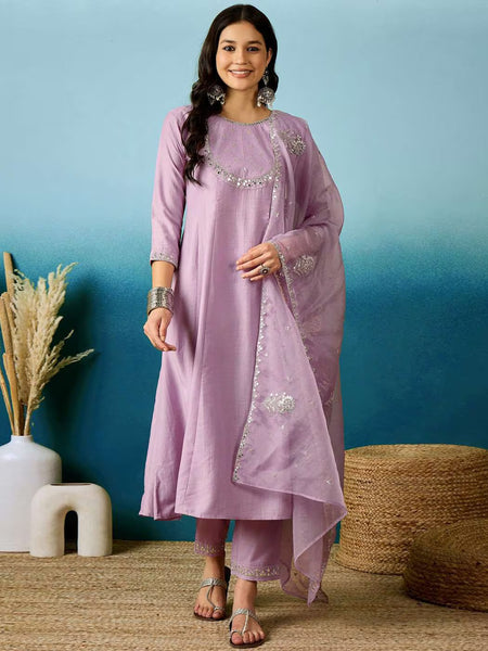 Lavender Bitaliyan Zari Sequence Gota Work Embroidered A-Line Kurta Set– by QueenVastra