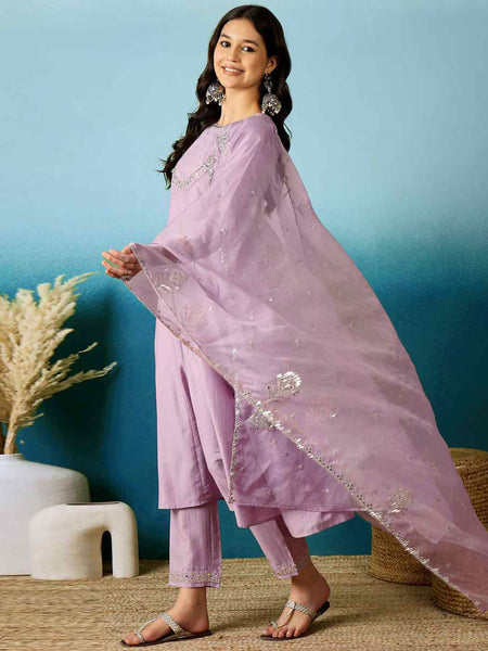 Lavender Bitaliyan Zari Sequence Gota Work Embroidered A-Line Kurta Set– by QueenVastra