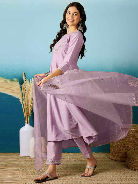 Lavender Bitaliyan Zari Sequence Gota Work Embroidered A-Line Kurta Set– by QueenVastra