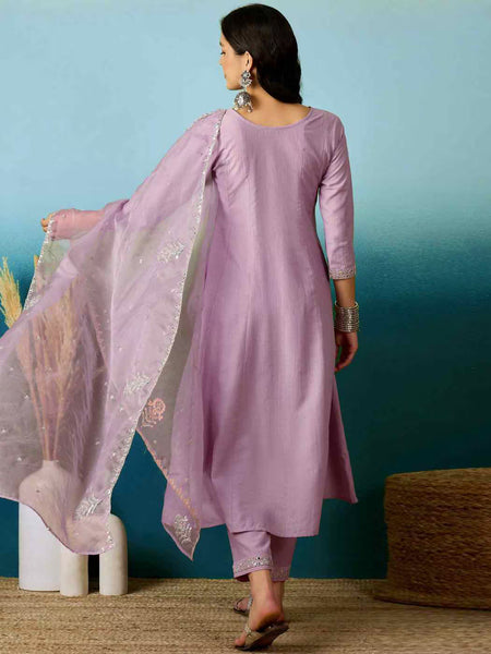 Lavender Bitaliyan Zari Sequence Gota Work Embroidered A-Line Kurta Set– by QueenVastra
