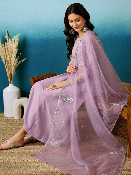 Lavender Bitaliyan Zari Sequence Gota Work Embroidered A-Line Kurta Set– by QueenVastra