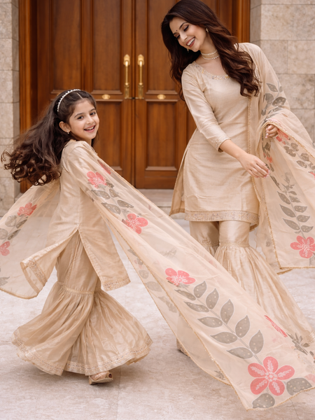 Premium Mom-Daughter Combo Top Sharara And Dupatta Sets