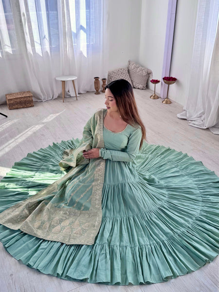 Premium Quality Roman Silk Pista  Anarkali  Suit Set