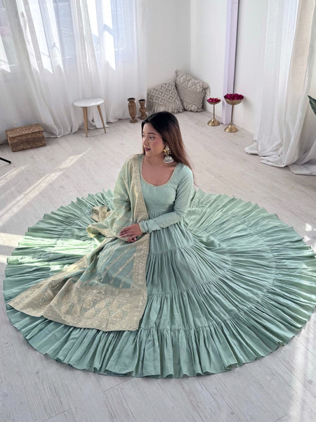 Premium Quality Roman Silk Pista  Anarkali  Suit Set