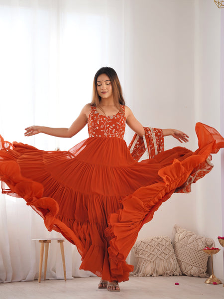 Premium Quality 5 Layers Orange Anarkali  Suit Set