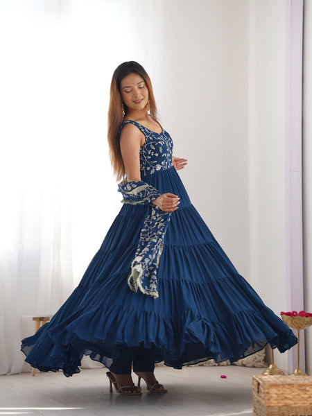 Premium Quality 5 Layers Blue Anarkali  Suit Set
