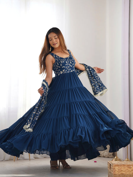 Premium Quality 5 Layers Blue Anarkali  Suit Set